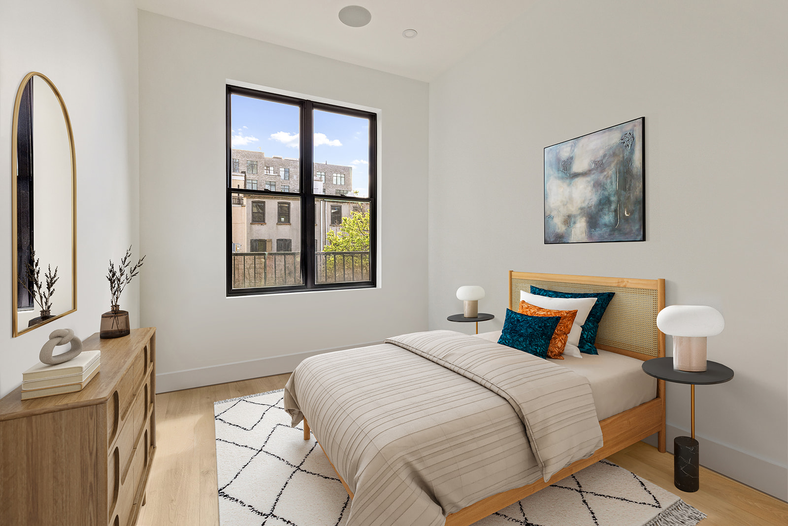 522 State Street — bedroom with cane headboard