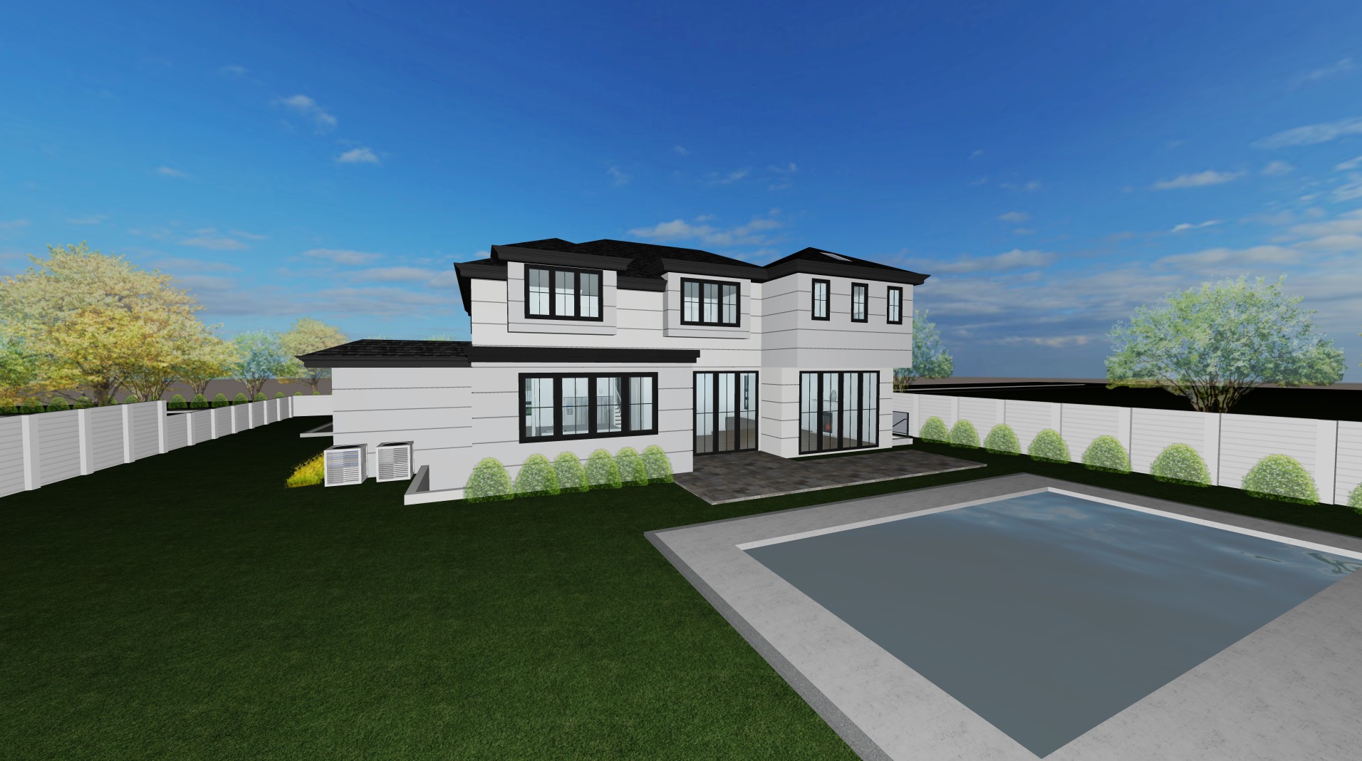 Jericho Residence — rear elevation with pool, wide view