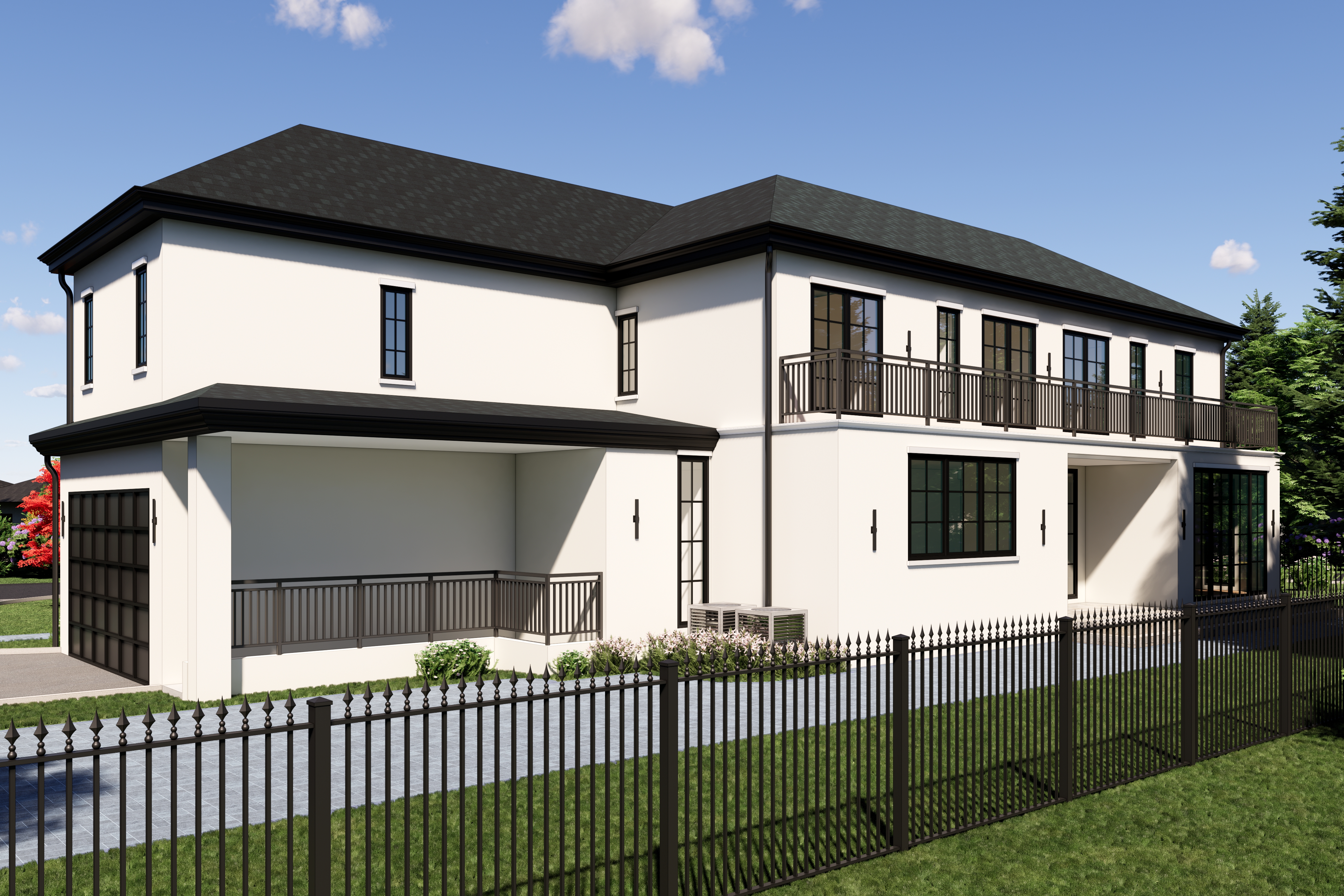 Roslyn Residence — rear with covered patio and second-floor balcony